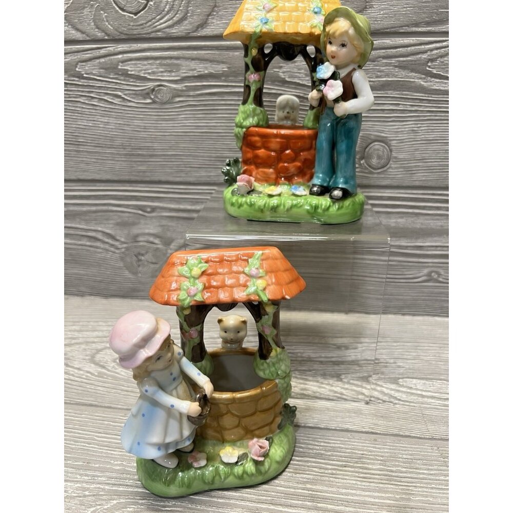 Vintage Girl & Cat Boy & Dog Wishing Well Figurines Midcentury 5.25”